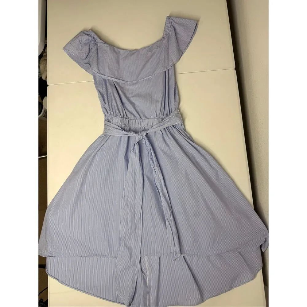 Saks Fifth Avenue Blue Striped Off Shoulder Dress Belted High Low Cotton Size L - Picture 7 of 16